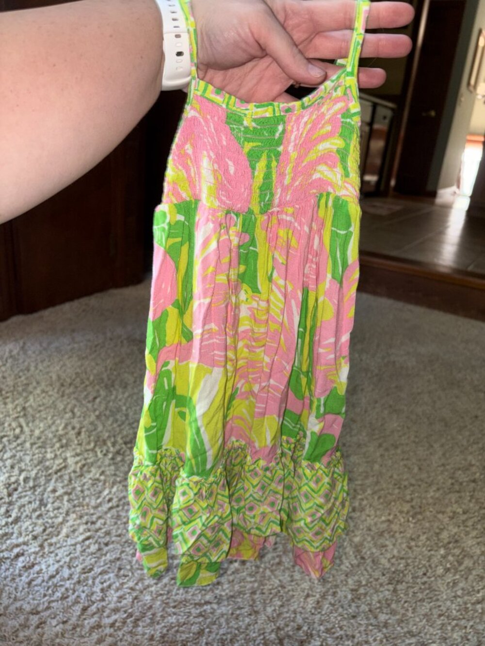 Lilly Pulitzer Pink & Green Floral Girls Smocked Strappy Dress 18M
